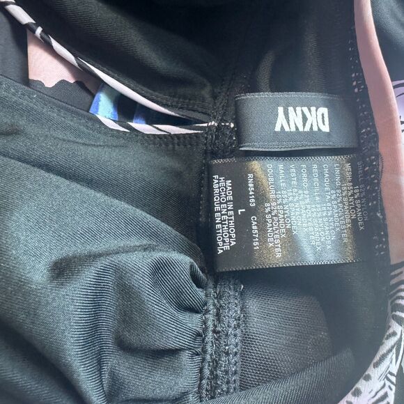 DKNY Swimsuit one piece black floral tropical hibiscus plunge halter sz L - Picture 8 of 8